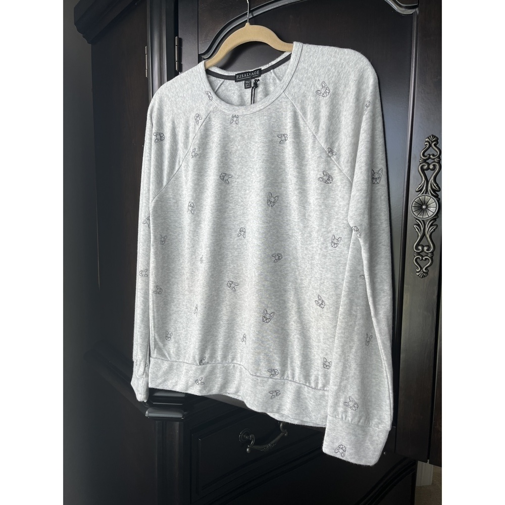 P.J. Salvage Light Grey and Frenchie Bull Dog Graphic Sweater Small